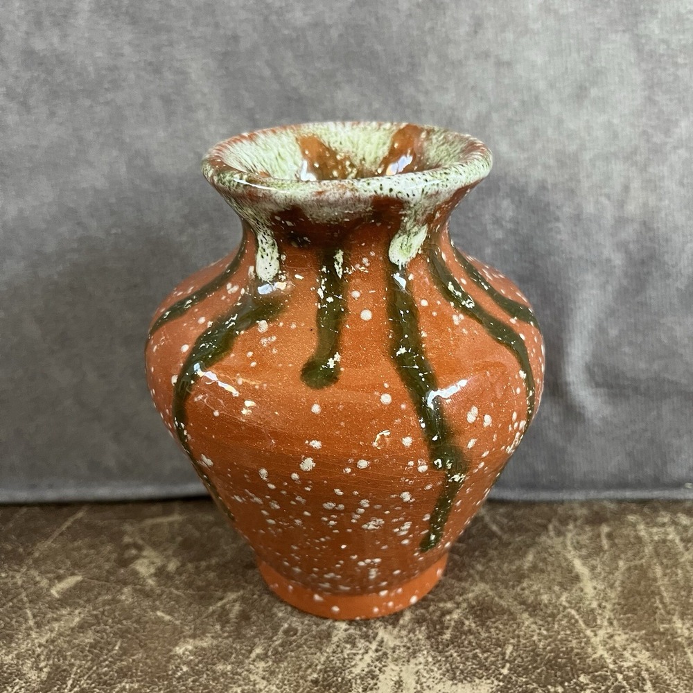 Handmade Studio Pottery Bud Vase Small Orange Green Drip Glaze Speckled Artisan